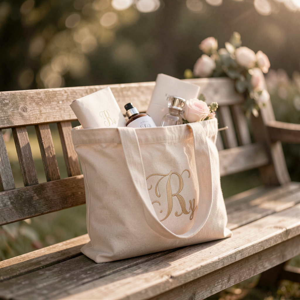 Monogrammed canvas tote bag filled with wedding day necessities, resting on a wooden bench