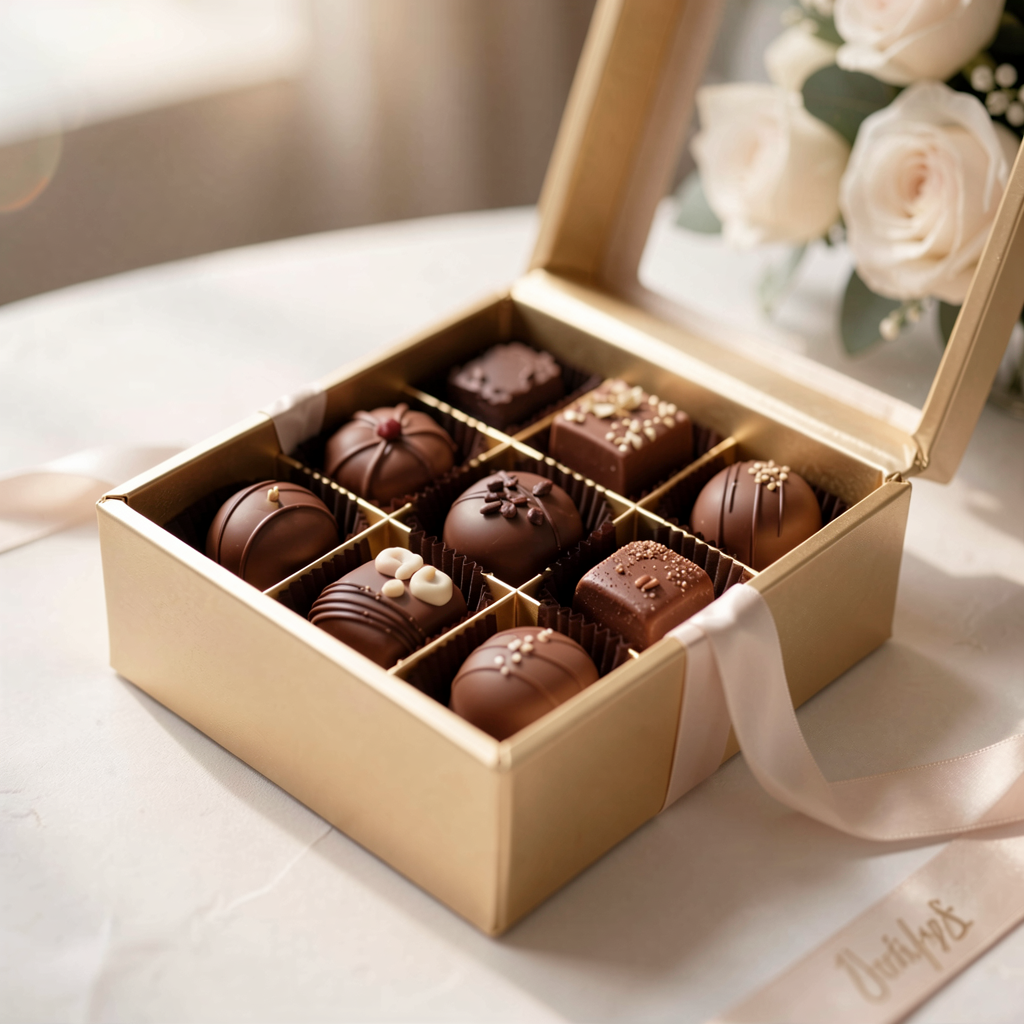 Assorted gourmet chocolates in an elegantly decorated box, accented with a ribbon