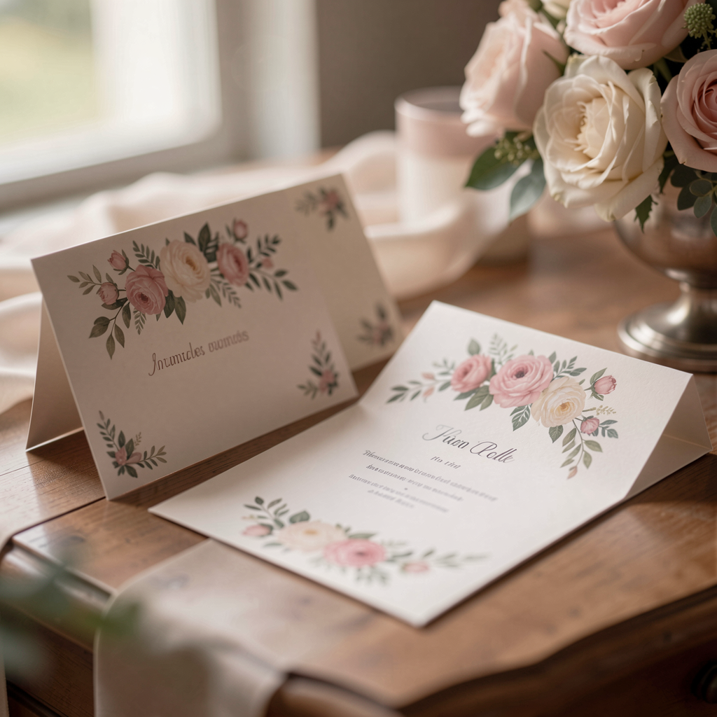 A personalized stationery set with floral designs, including notecards and envelopes