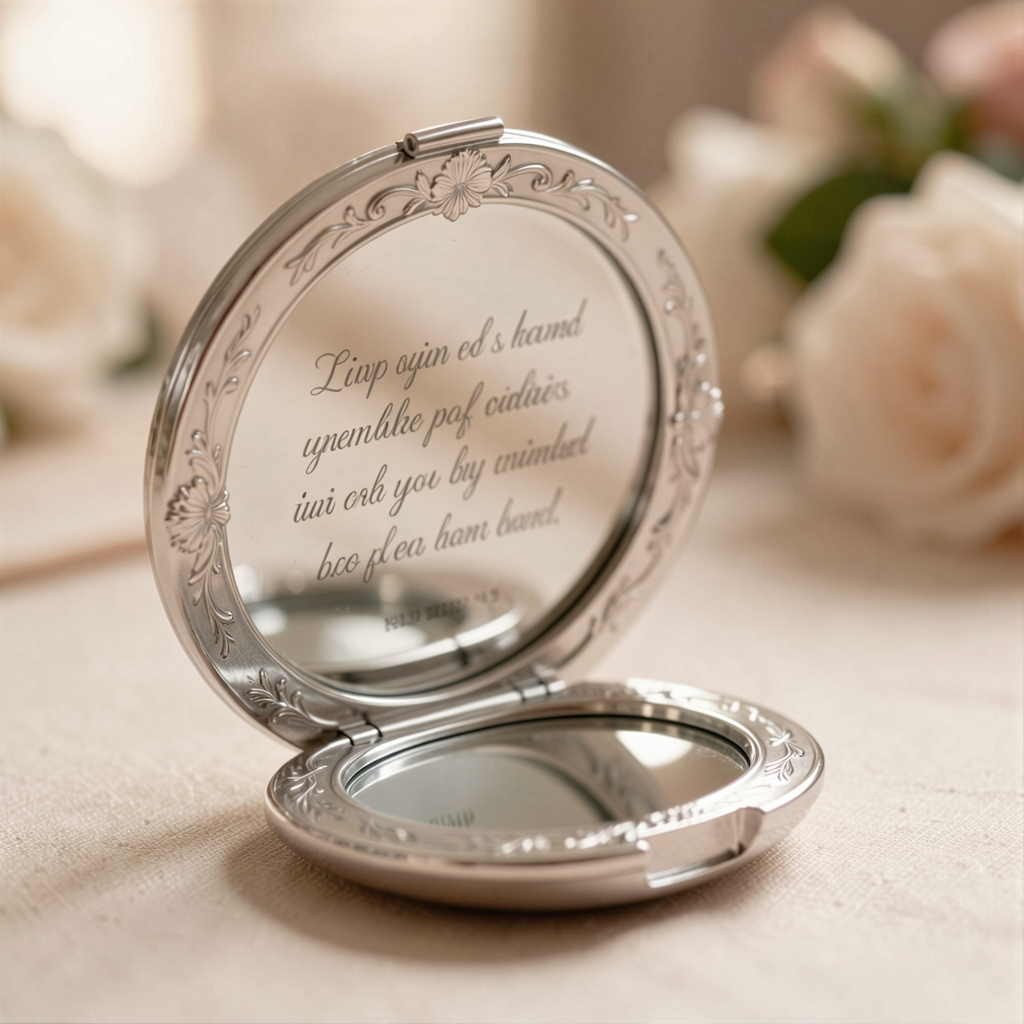 Silver compact mirror with an engraved floral design, open to reveal a heartfelt message