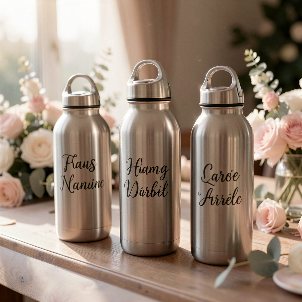 Stainless steel water bottles with custom names, arranged in a chic display