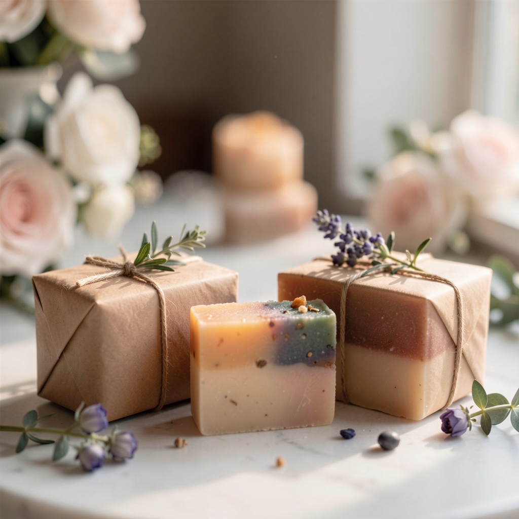 Colorful artisan soaps with botanical ingredients, wrapped in eco-friendly packaging