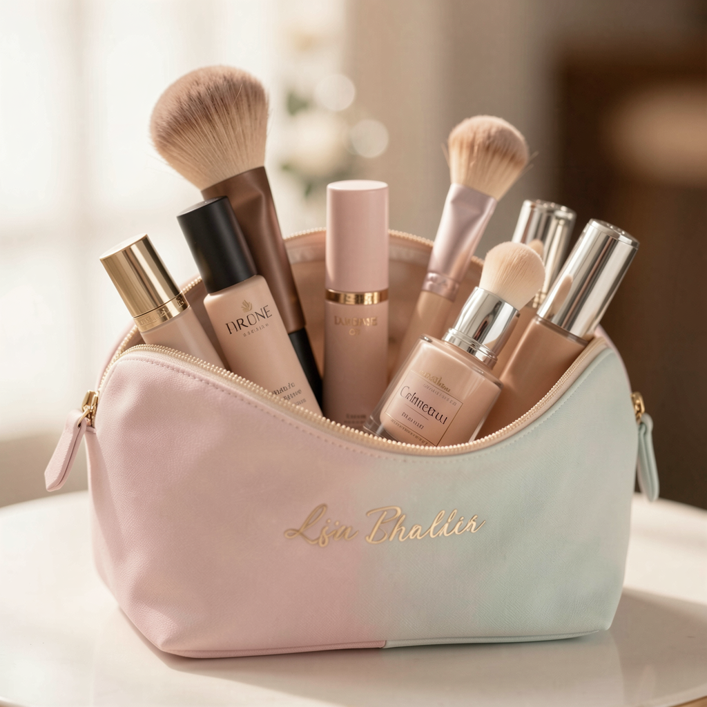 Personalized makeup bag in soft pastel tones, filled with beauty products
