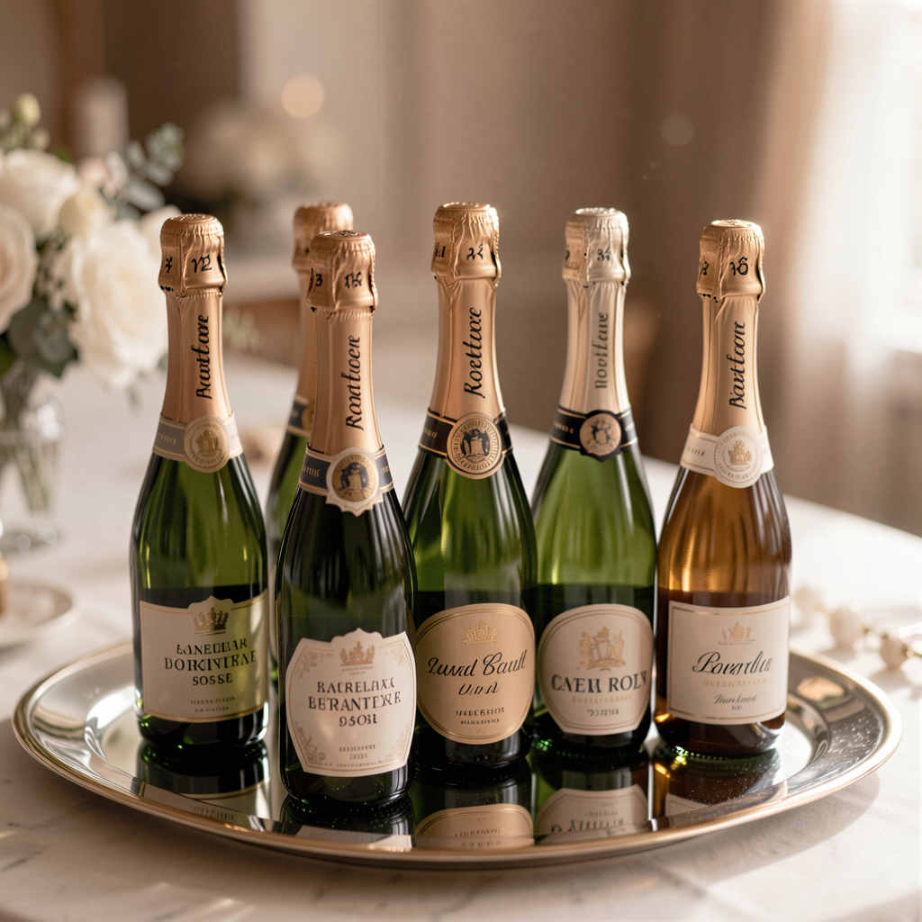 Mini champagne bottles with custom labels, displayed on a mirrored tray