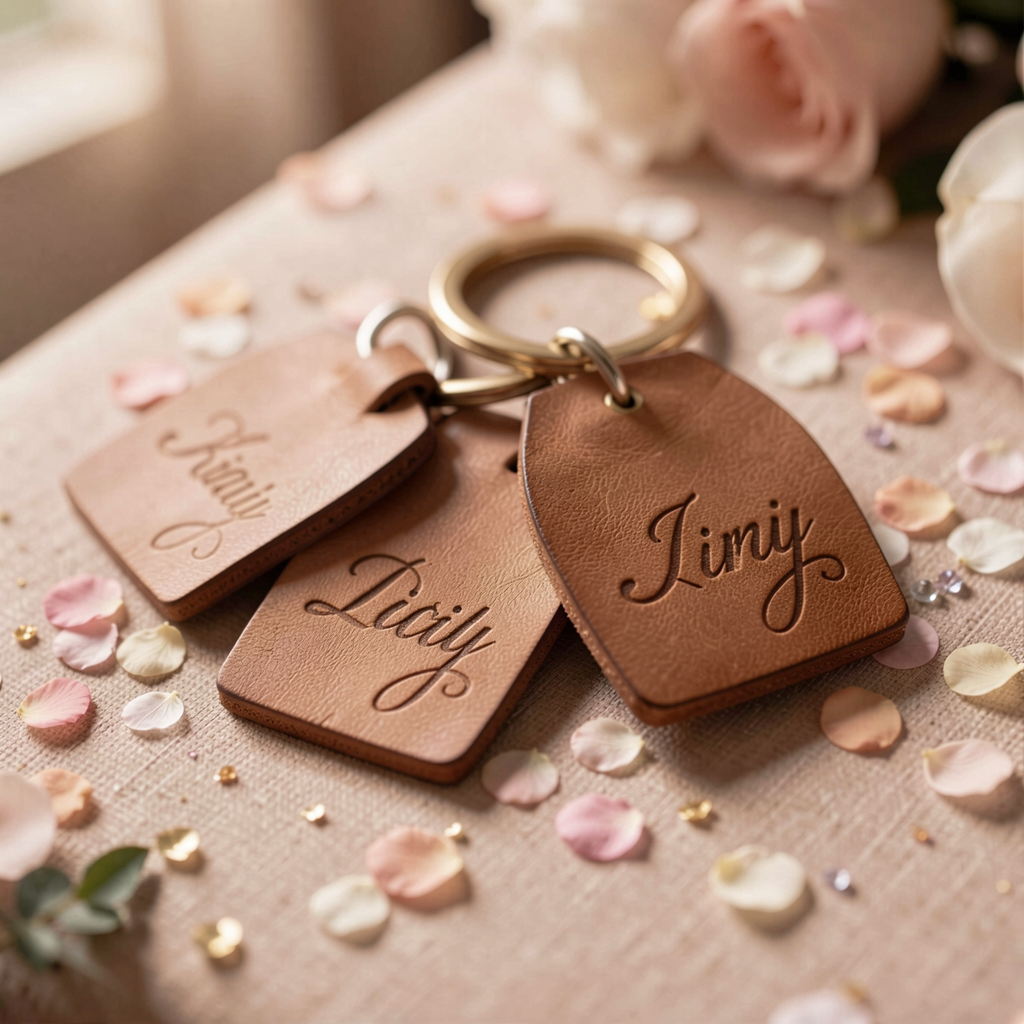 Leather keychains engraved with initials, styled with wedding confetti