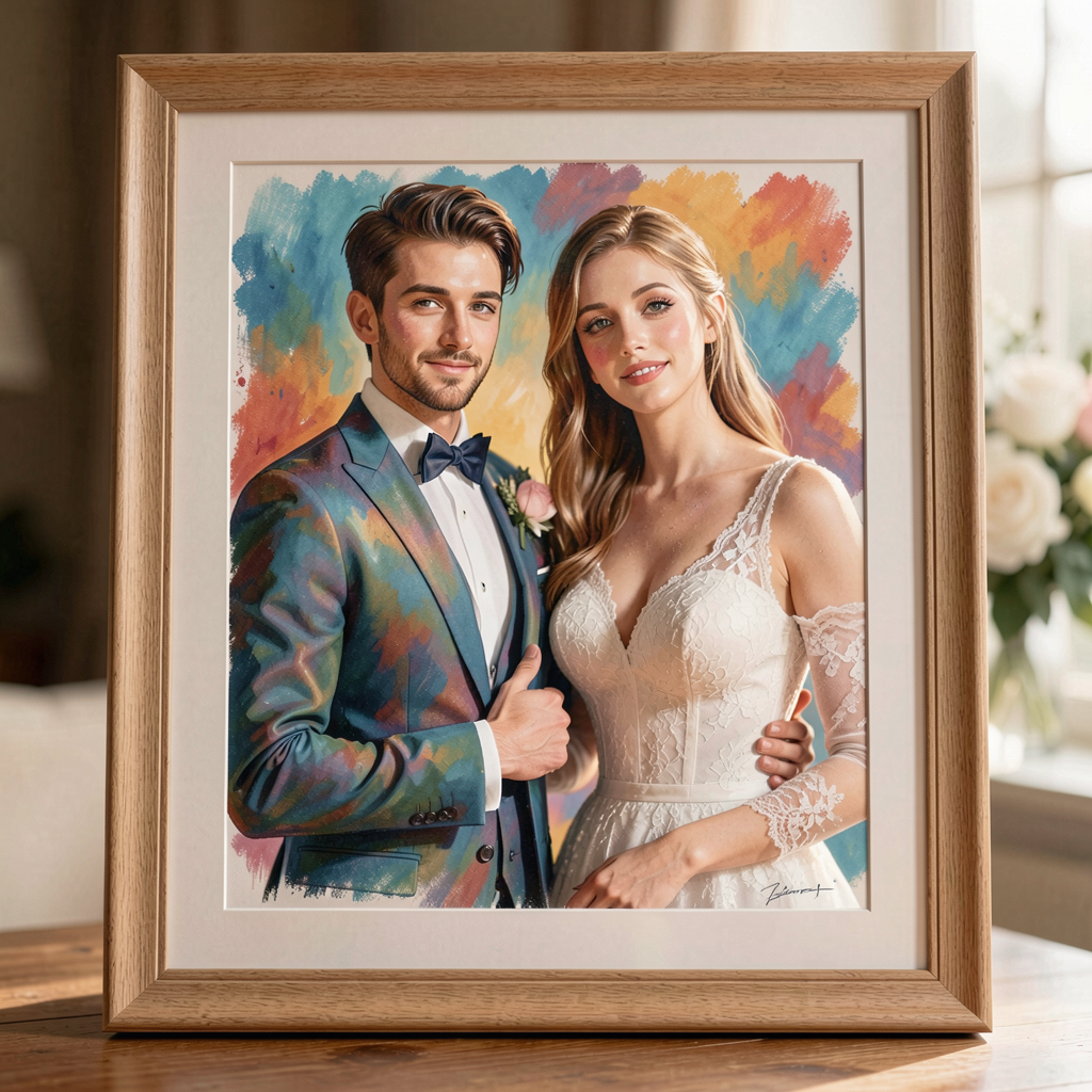Framed custom illustrated portrait of two friends, with vibrant colors and artistic flair