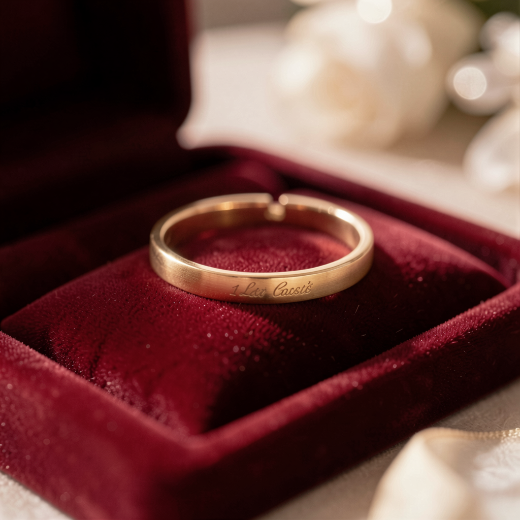 Delicate gold bracelet with engraving, placed on a velvet jewelry tray