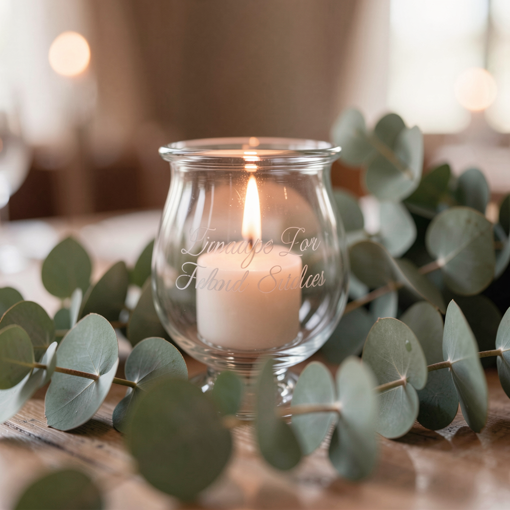 Glass candle holder with custom engraving, surrounded by fresh eucalyptus