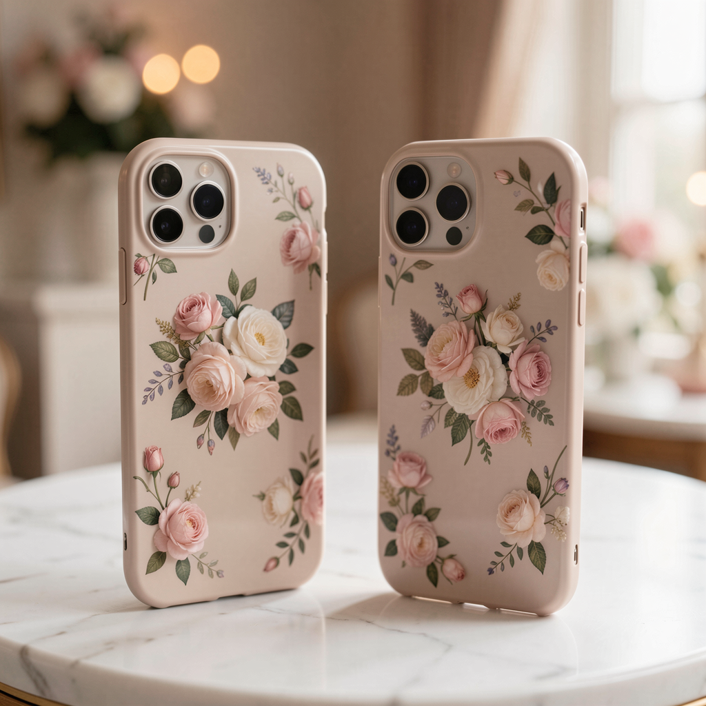 Customized phone cases with floral designs, displayed on a white marble surface