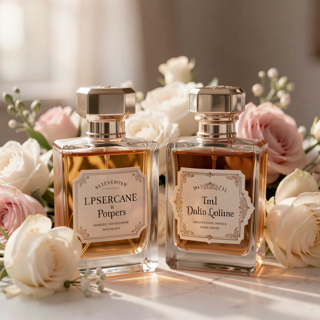 Elegant perfume bottles with custom labels, set against a backdrop of fresh flowers