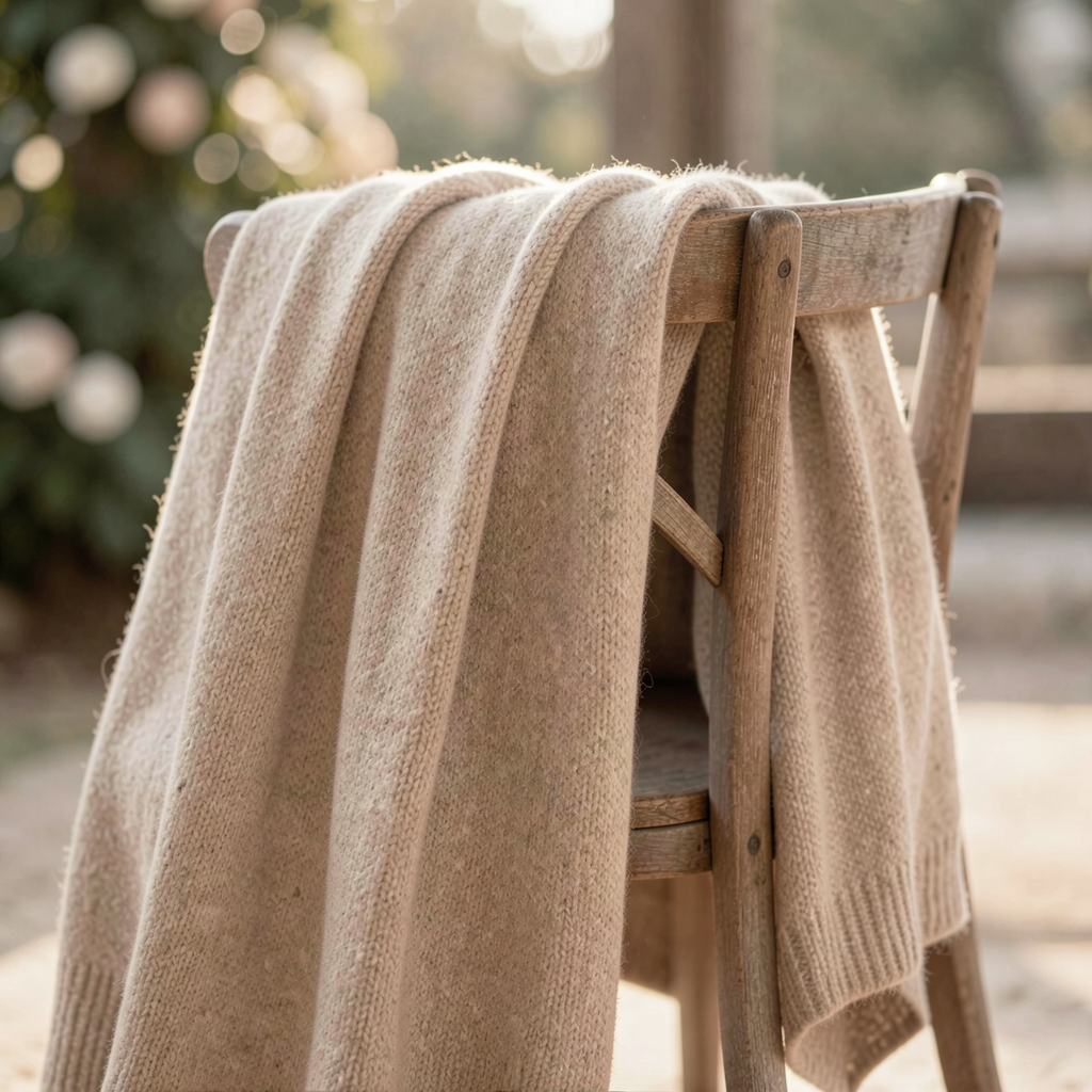 Soft, knitted blanket in a neutral color, draped over a rustic wooden chair