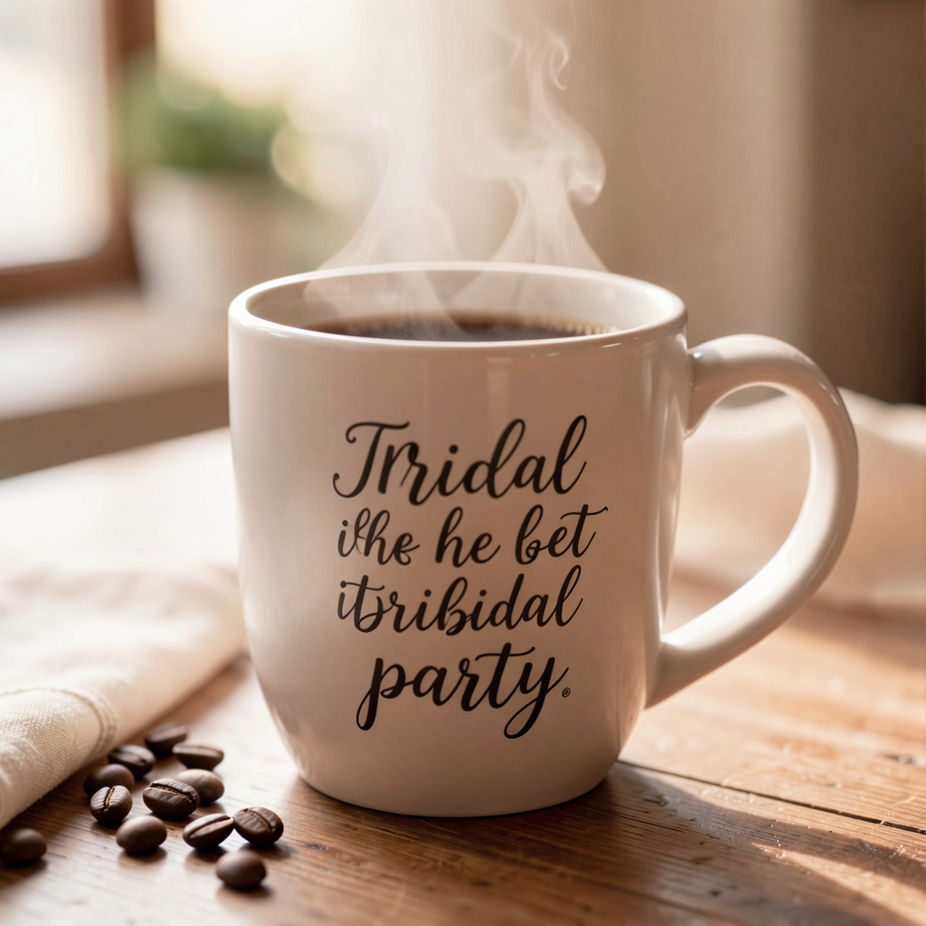 Custom ceramic mug with a witty bridal party phrase, paired with artisanal coffee