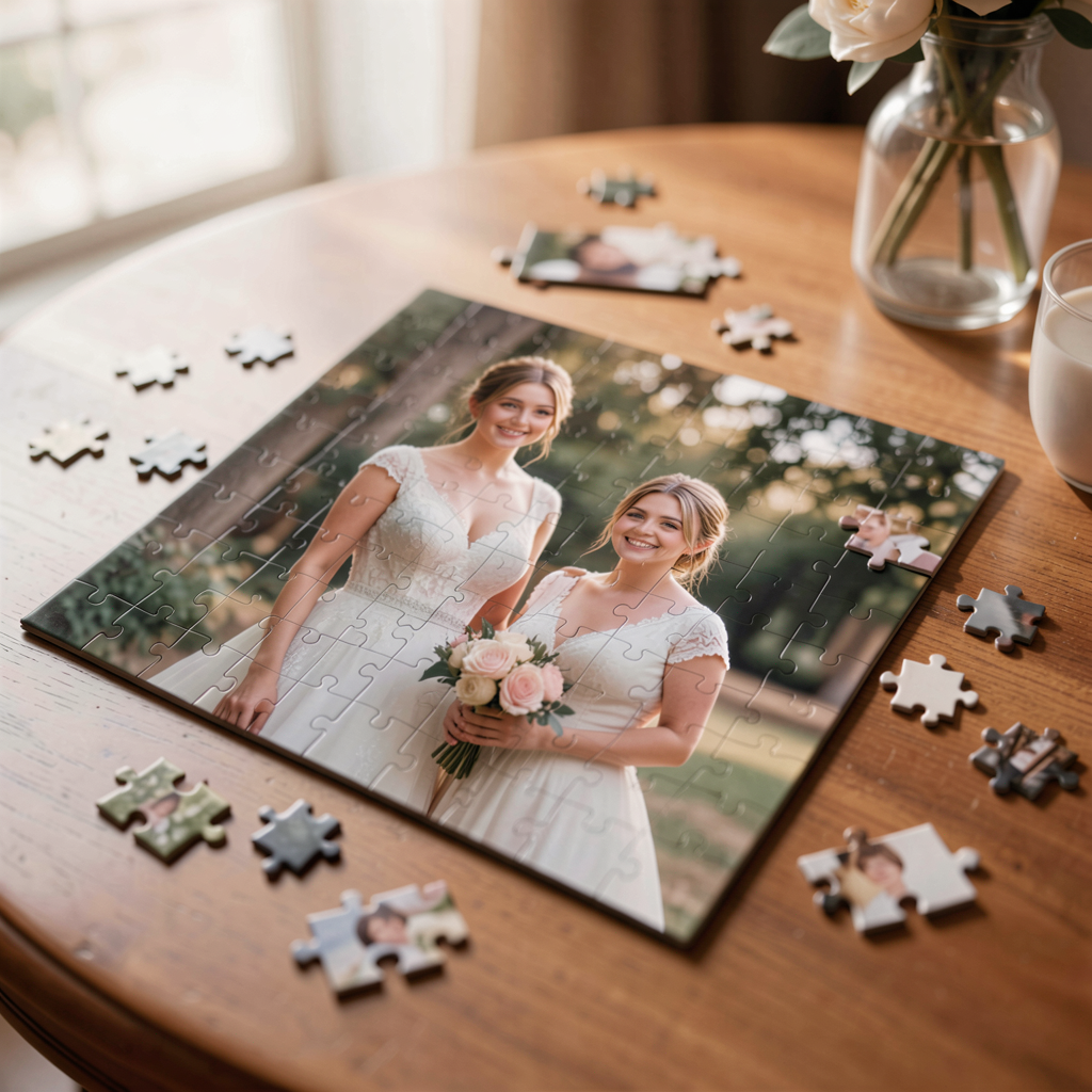 Personalized jigsaw puzzle with a photo of the bride and bridesmaid, scattered on a table