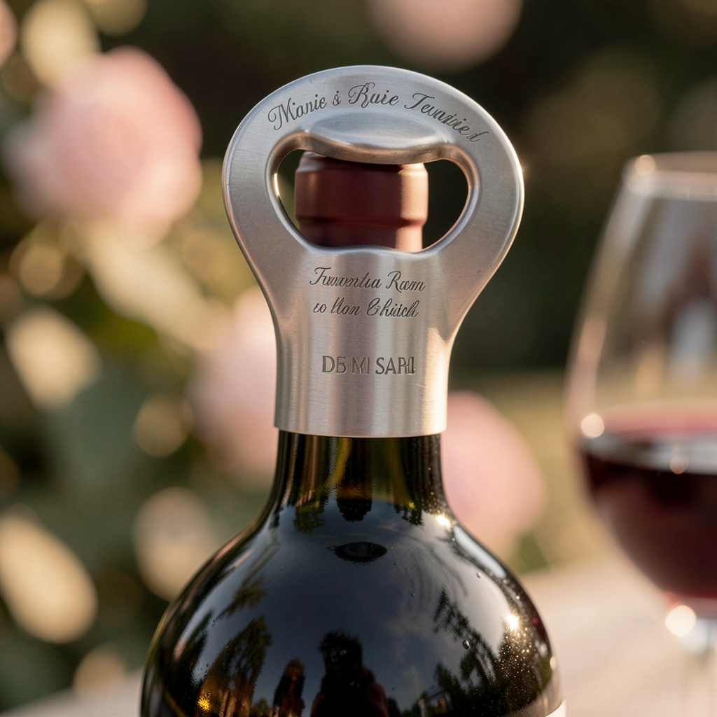 Stainless steel wine opener with custom engraving, styled with a bottle of red wine
