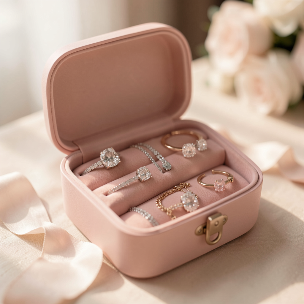 Compact travel jewelry case in blush pink, filled with jewelry essentials