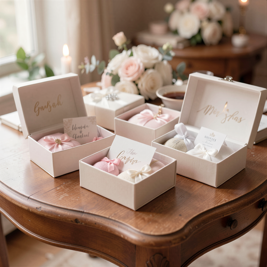 Bridesmaid proposal gift boxes elegantly arranged on a vintage table, showcasing a variety of personalized gifts