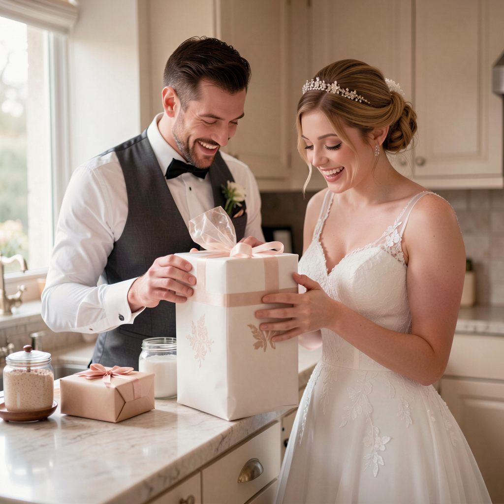 35 Wedding Registry Items Couples Actually Use Every Week 10 Happy newlywed couple in their kitchen, unpacking wedding gifts with joy