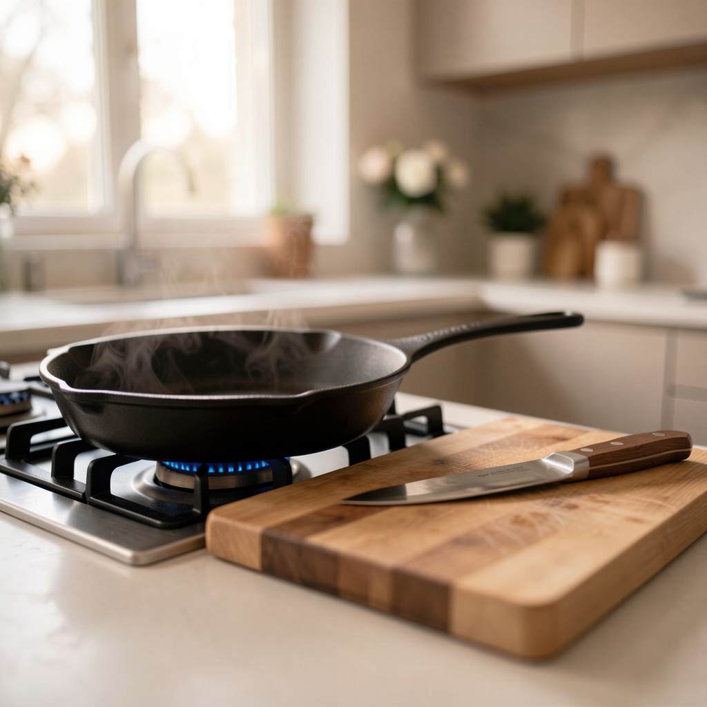 35 Wedding Registry Items Couples Actually Use Every Week 11 A modern kitchen with a cast iron skillet on the stove and a chef's knife on a cutting board