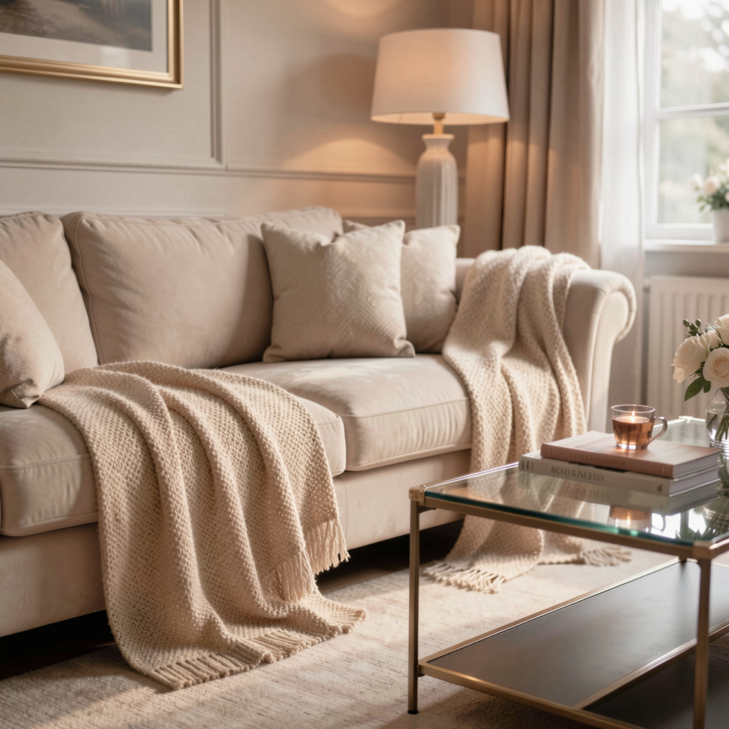 35 Wedding Registry Items Couples Actually Use Every Week 14 Stylish living room with a comfortable sofa, throw blankets, and a chic coffee table