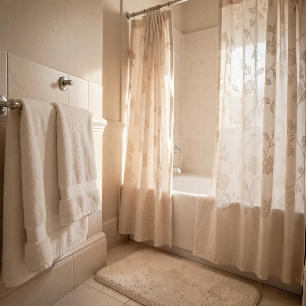 35 Wedding Registry Items Couples Actually Use Every Week 15 Elegant bathroom with plush towels, a stylish shower curtain, and a soft bath mat