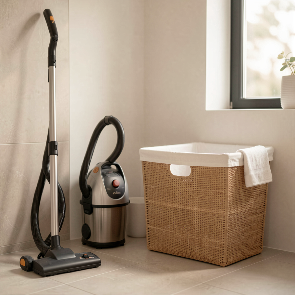 35 Wedding Registry Items Couples Actually Use Every Week 16 Modern utility room with a vacuum cleaner and a stylish laundry hamper