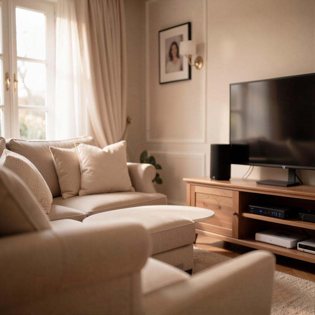 35 Wedding Registry Items Couples Actually Use Every Week 17 Cozy living room with a smart speaker on the shelf and a streaming device connected to the TV