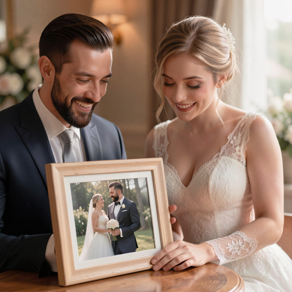 35 Wedding Registry Items Couples Actually Use Every Week 18 Happy couple looking at their digital photo frame with wedding photos displayed