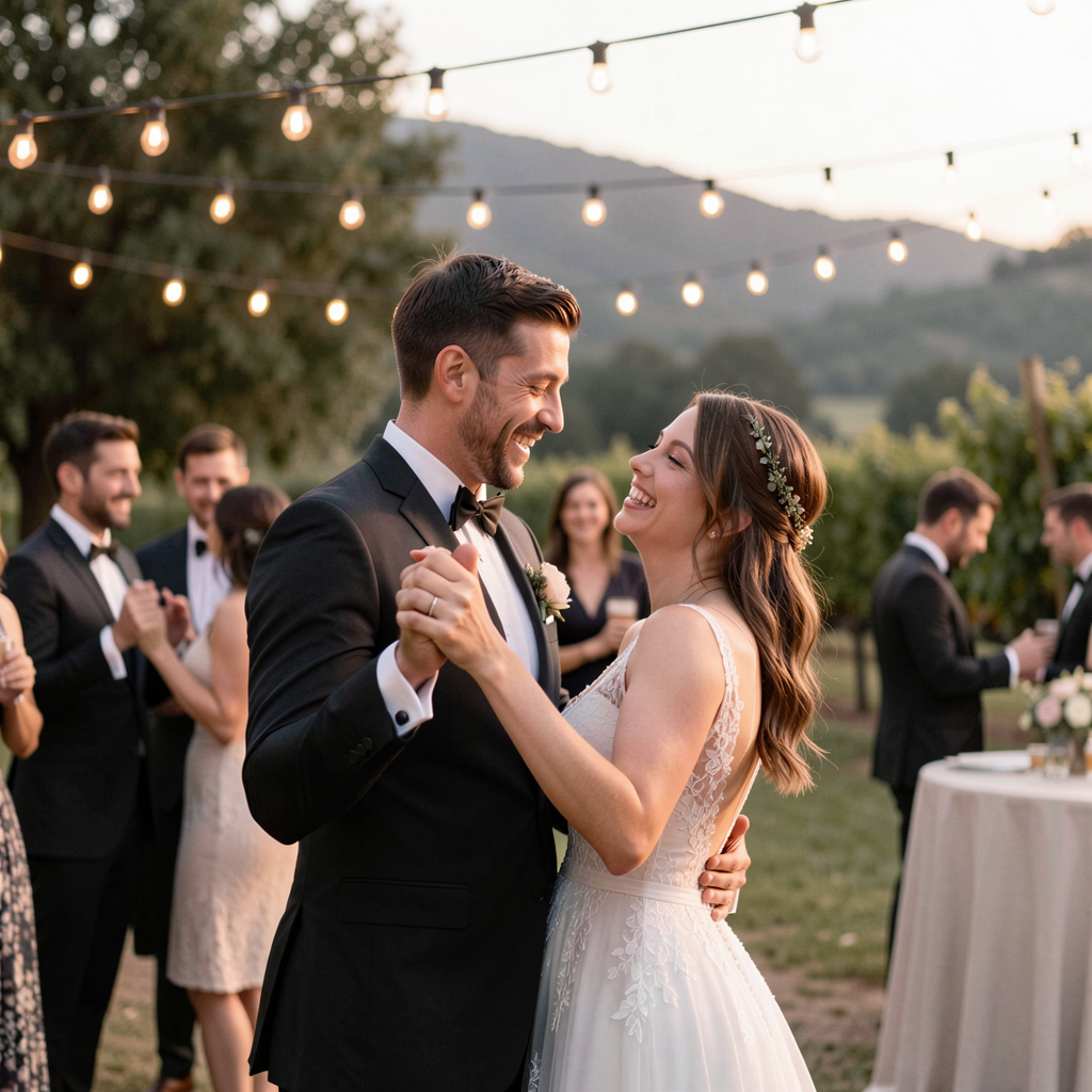 A couple sharing a joyful dance under twinkling string lights at a rustic outdoor wedding in Napa Valley