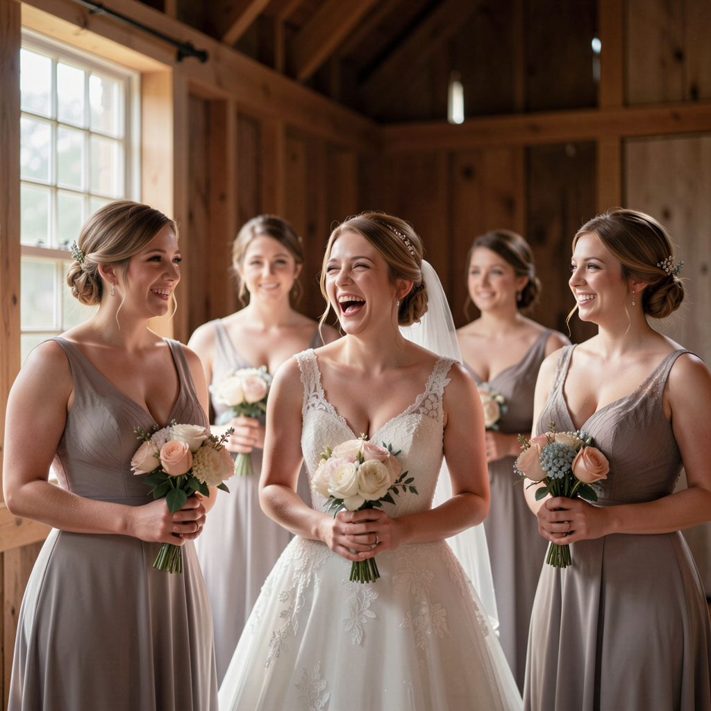 Bride laughing with her bridesmaids before the ceremony, sunlight streaming through a window, in a New England barn