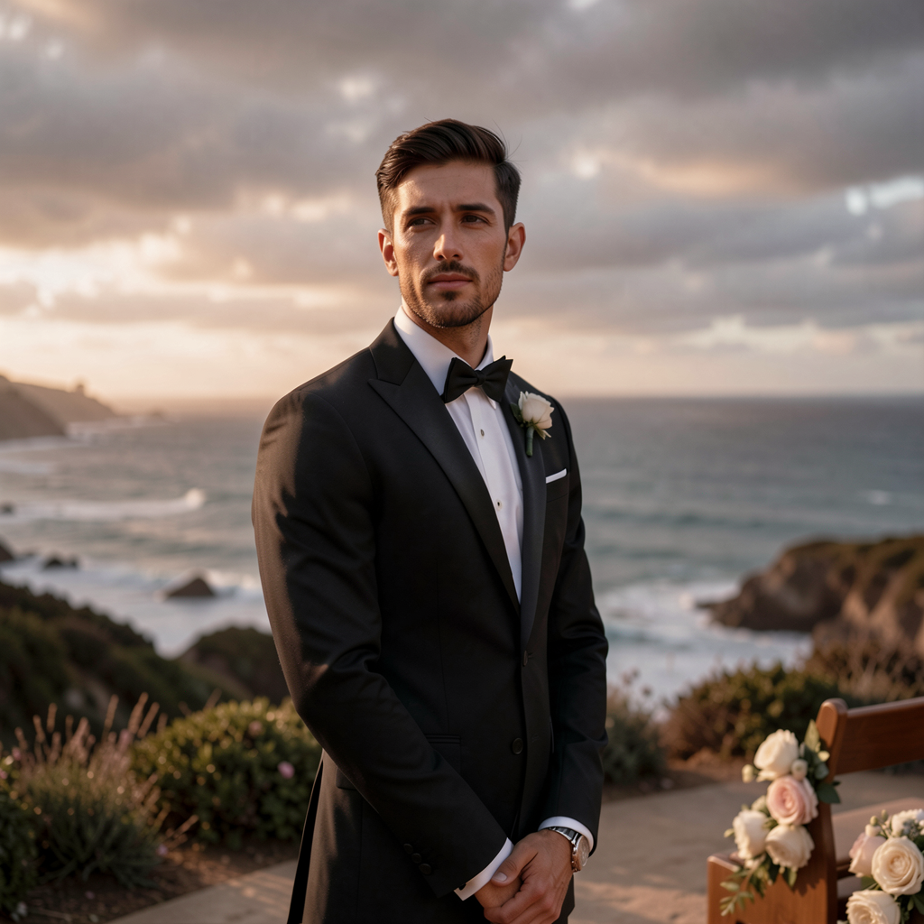 Groom waiting at the altar with a dramatic sky in the background, California coast setting