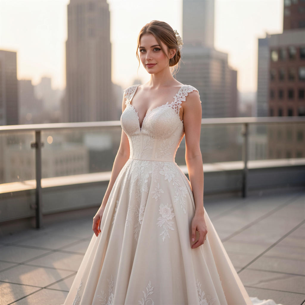 Bride in a couture gown posed elegantly in a chic urban rooftop setting in NYC