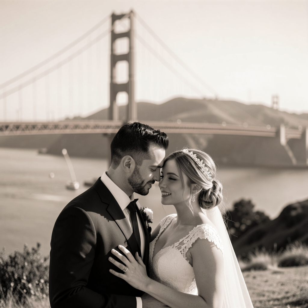Bride and groom sharing an intimate moment, captured in black and white, under the iconic Golden Gate Bridge