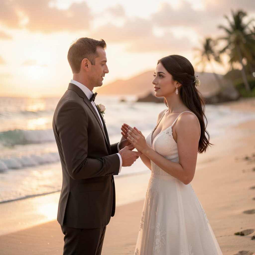 Couple exchanging vows on a pristine Hawaiian beach at sunset, waves crashing in the background