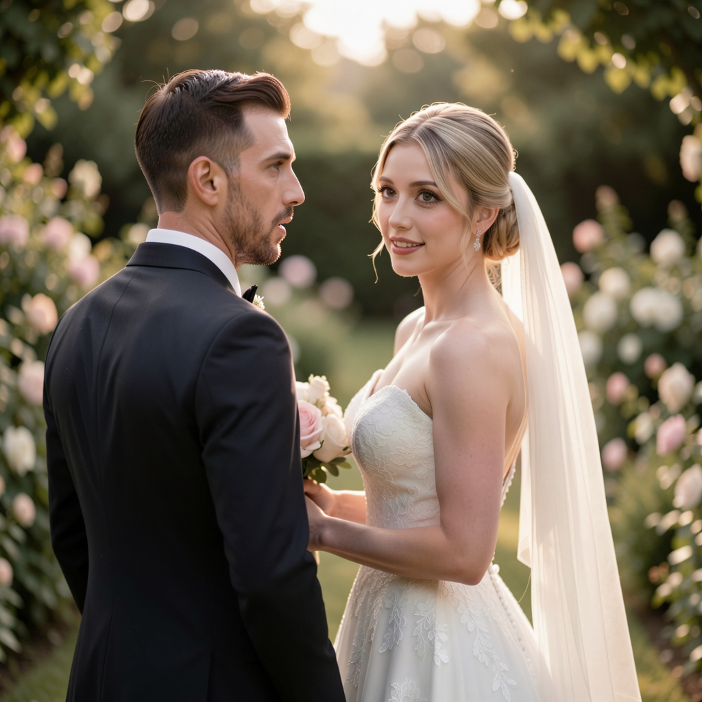 Groom turning around to see the bride for the first time, his expression one of awe and love, in a serene garden setting