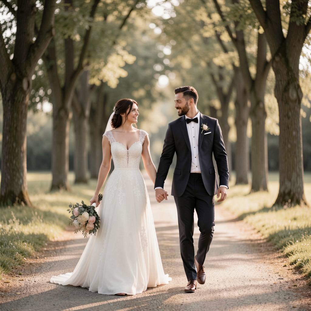 Bride and groom walking hand in hand down a quiet, tree-lined path, soft and natural lighting