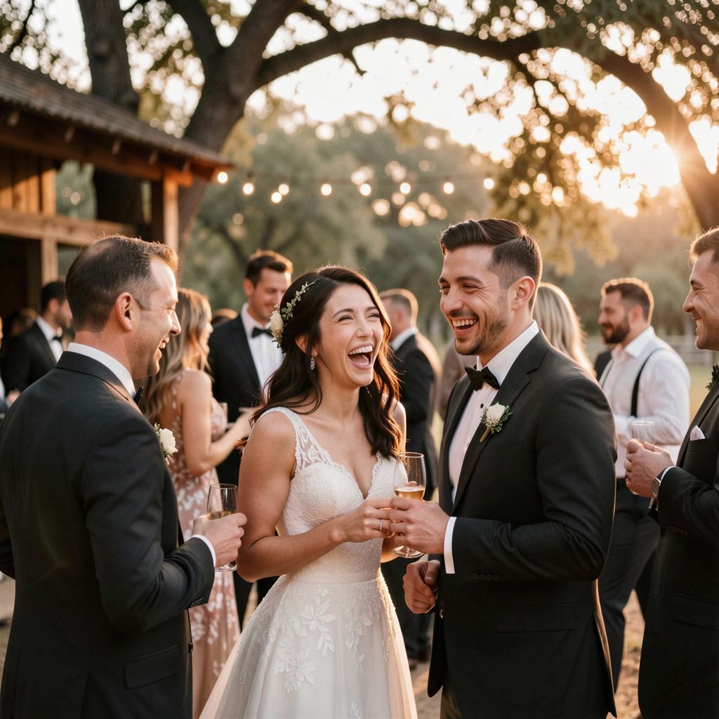 Guests mingling and laughing during a reception at a rustic Texas ranch, warm evening light filtering through the trees