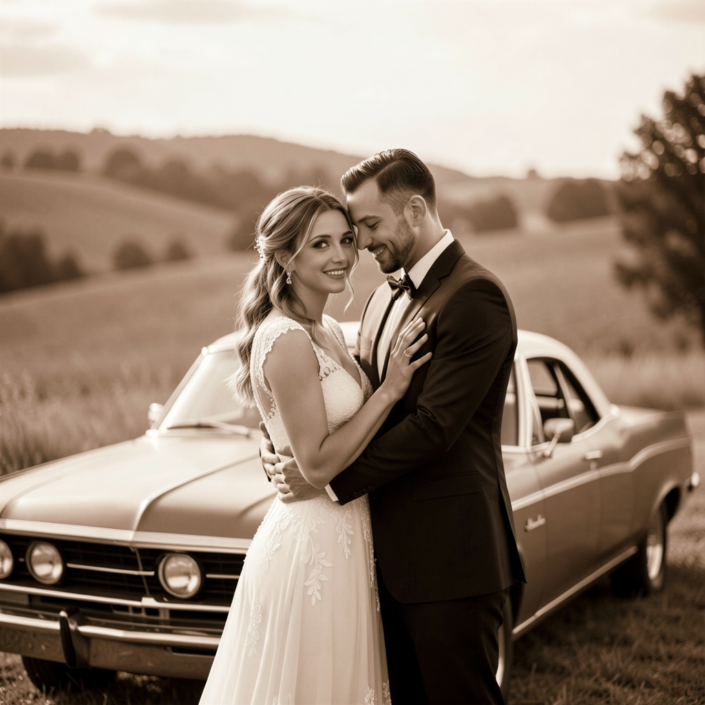 A sepia-toned photo of a couple embracing in front of a classic car, with a backdrop of rolling hills in the Midwest