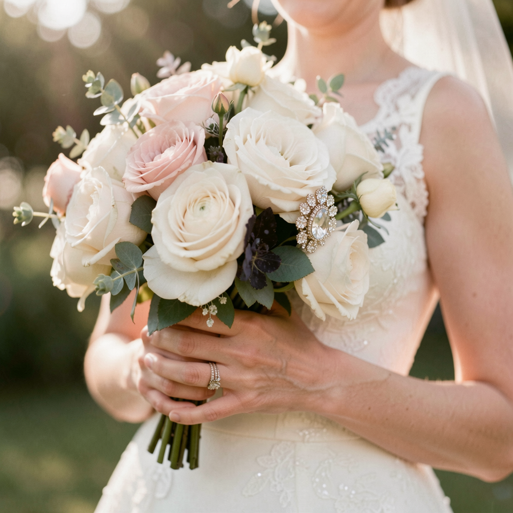 Close-up of a bride’s bouquet with her grandmother’s brooch pinned to it, delicate morning light