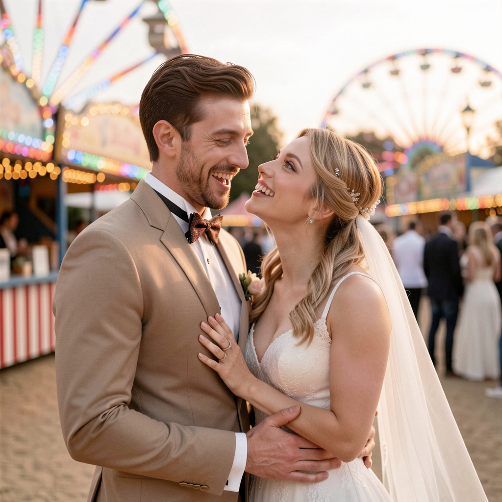 Couple having a fun, candid moment during a retro-themed engagement shoot at a vibrant carnival
