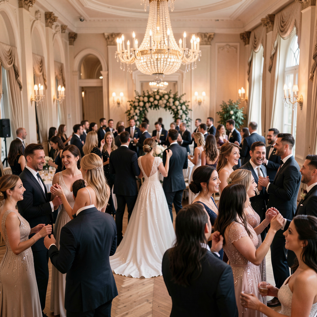 A panoramic view of a bustling reception venue, capturing guests dancing and celebrating from all angles