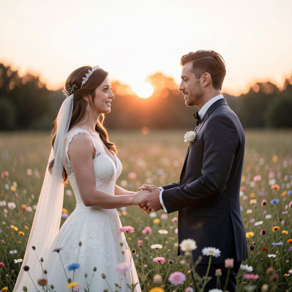 A couple holding hands in a field of wildflowers, the sun setting behind them in a serene, natural setting
