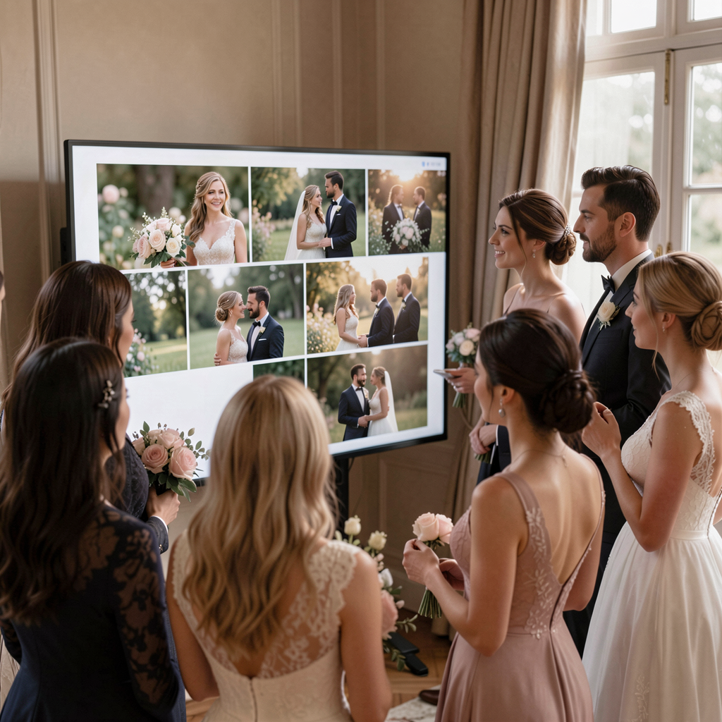 A group of guests gathered around a screen, eagerly watching a slideshow of the day’s highlights
