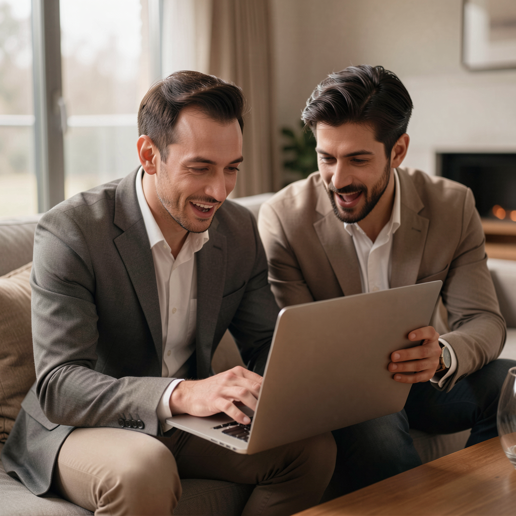 Cash Funds vs Traditional Registries: What Modern Couples Prefer in 2026 9 A couple sitting in a cozy modern living room, excitedly reviewing their wedding registry on a laptop