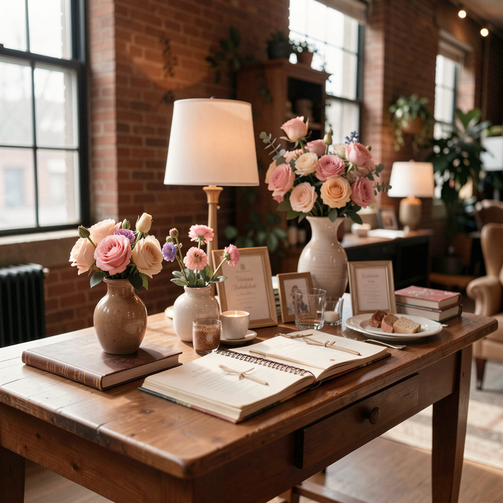 Vibrant wedding registry display with eclectic home decor items, set in a cozy Brooklyn loft