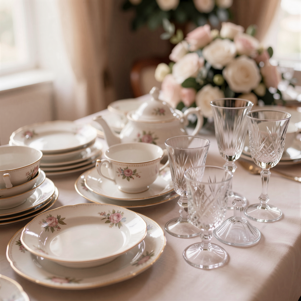 Cash Funds vs Traditional Registries: What Modern Couples Prefer in 2026 12 A beautifully arranged display of traditional registry items like fine china and crystal glassware