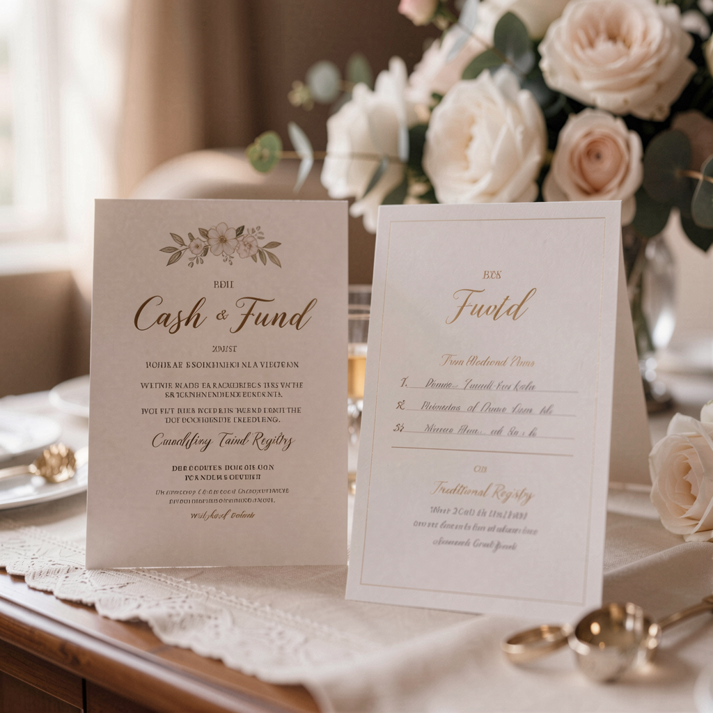 Cash Funds vs Traditional Registries: What Modern Couples Prefer in 2026 14 A wedding invitation suite featuring information about both a cash fund and a traditional registry