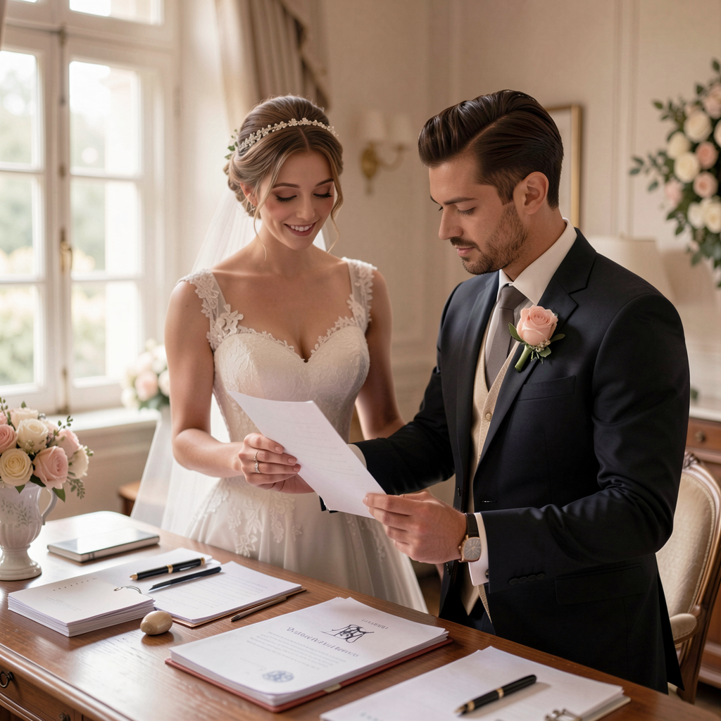 Cash Funds vs Traditional Registries: What Modern Couples Prefer in 2026 15 A bride and groom reviewing their wedding registry list together, surrounded by wedding planning materials