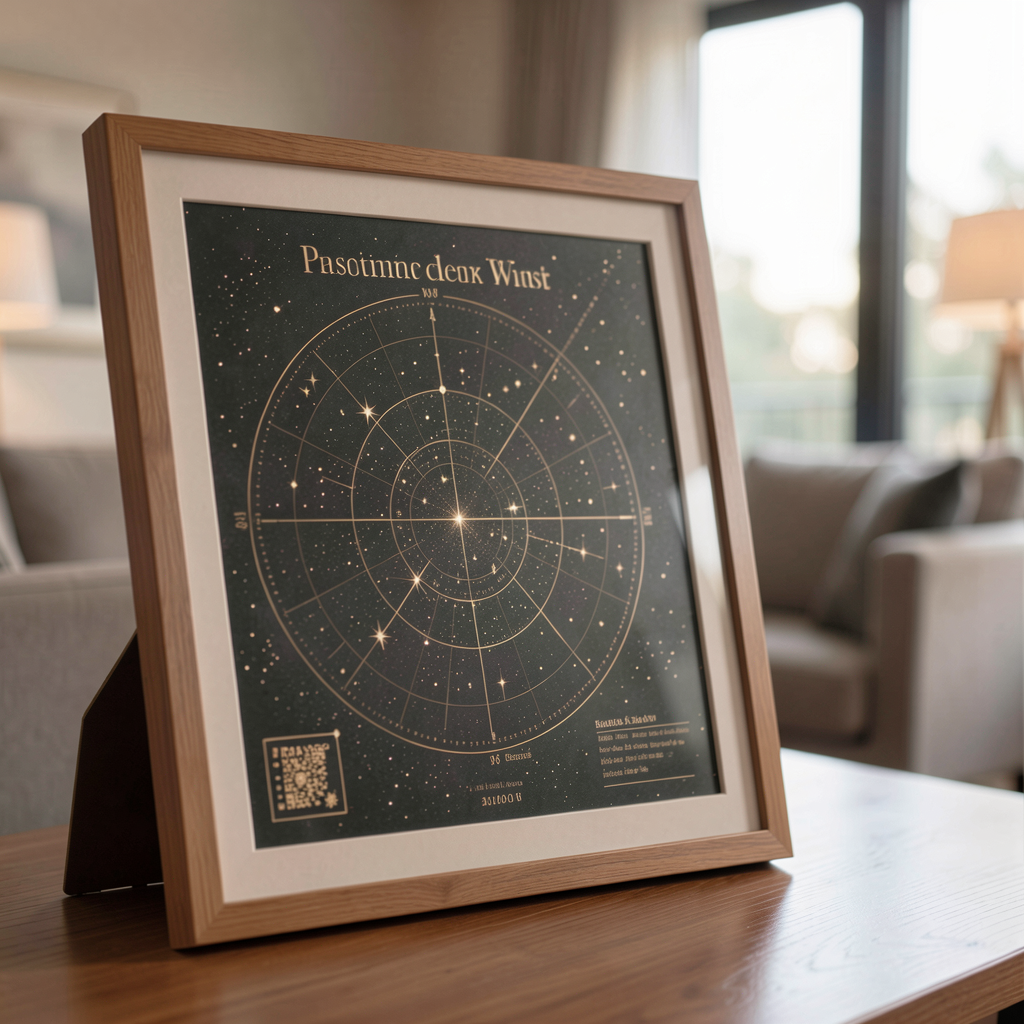 Close-up of a personalized star map framed in a modern living room, ambient lighting enhancing its details