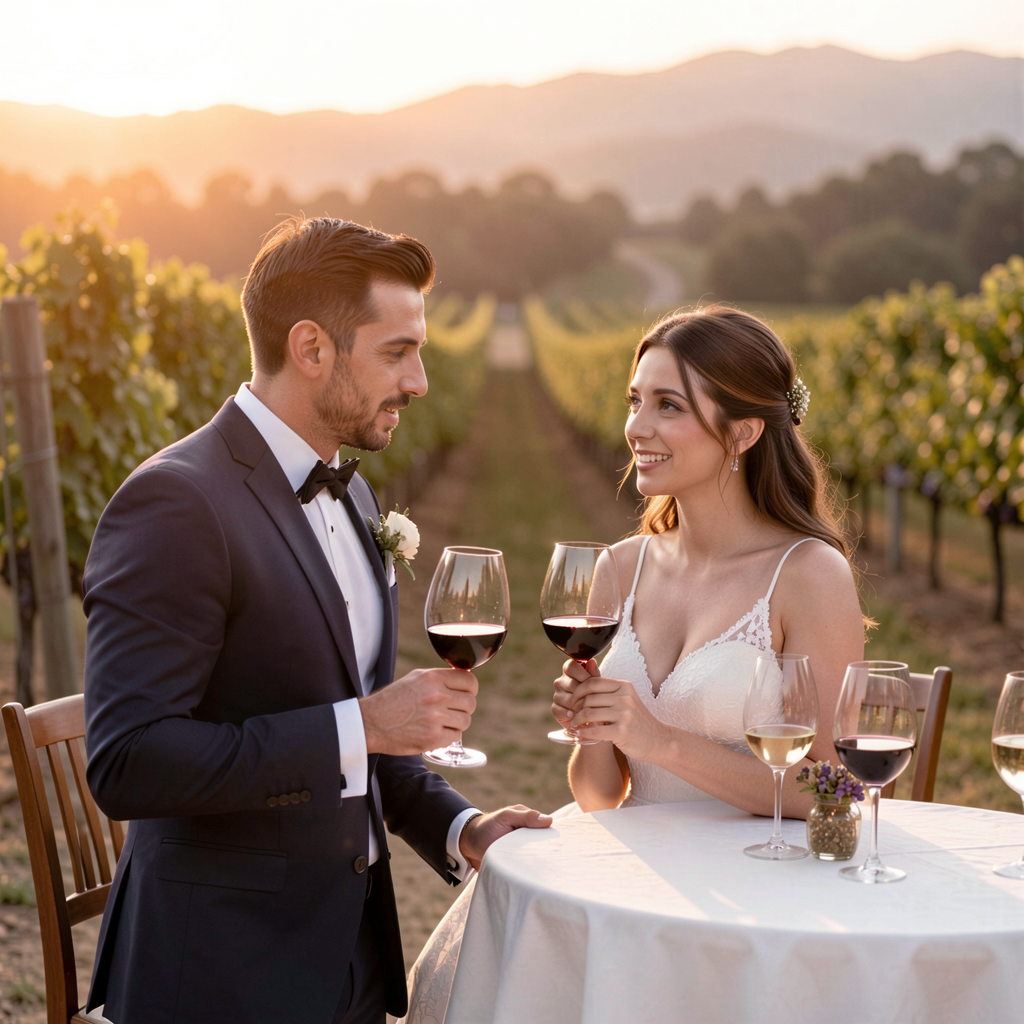 Couple enjoying a wine-tasting session at a Napa Valley vineyard, golden sunset in the background