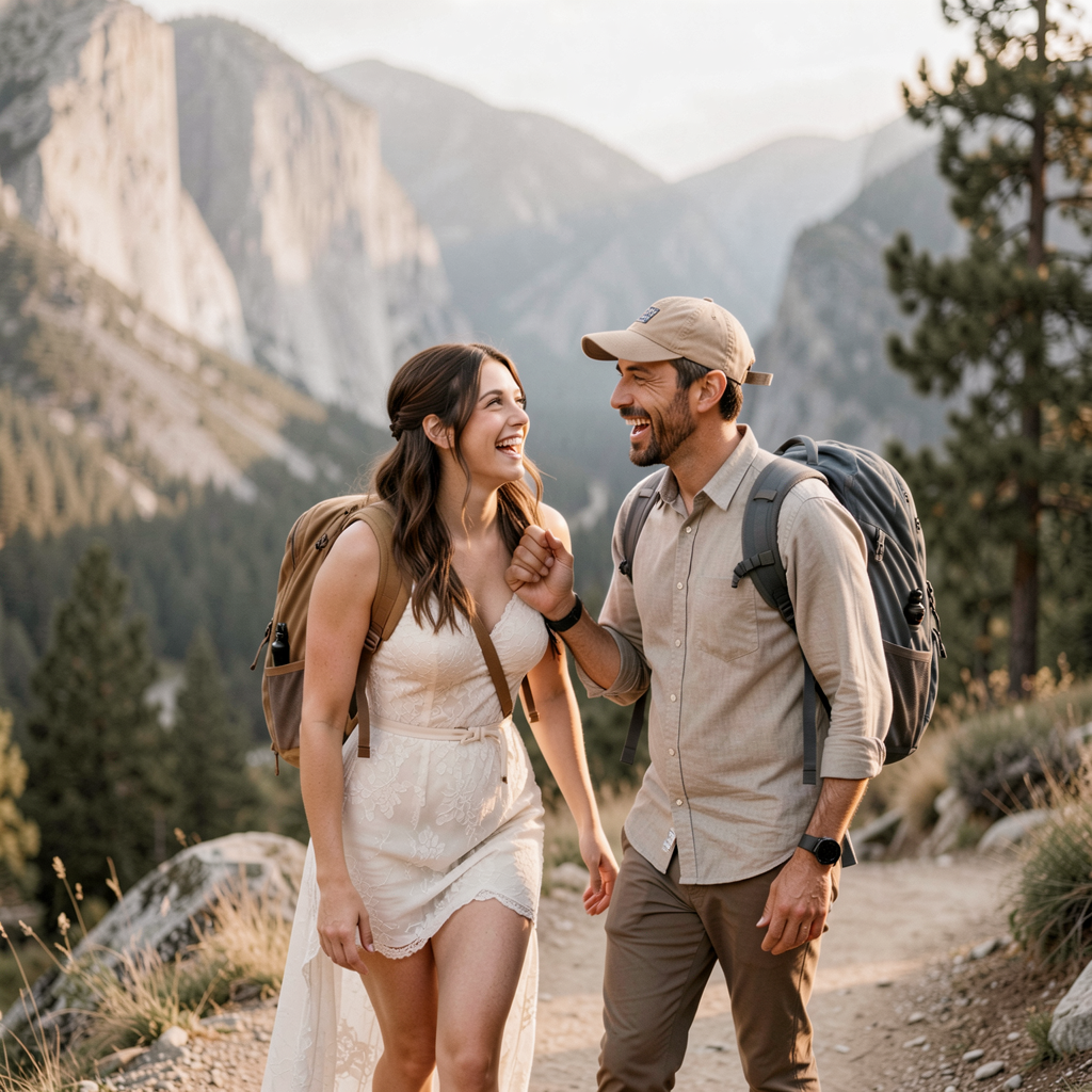 Couple hiking in Yosemite National Park with breathtaking views in the background, capturing a candid moment of joy